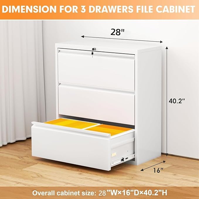 INTERGREAT 3-Drawer White Lateral File Cabinet, Locking Metal Lateral Filing - Image 2