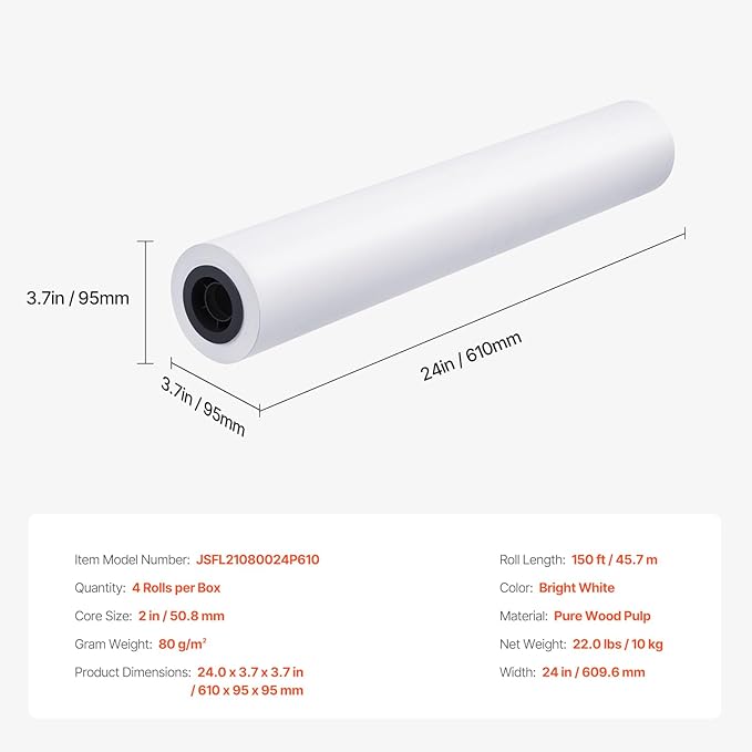 VEVOR Wide Format Paper, 24 in x 150 ft Plotter Paper, 4 Rolls CAD Bond Rolls - Image 8