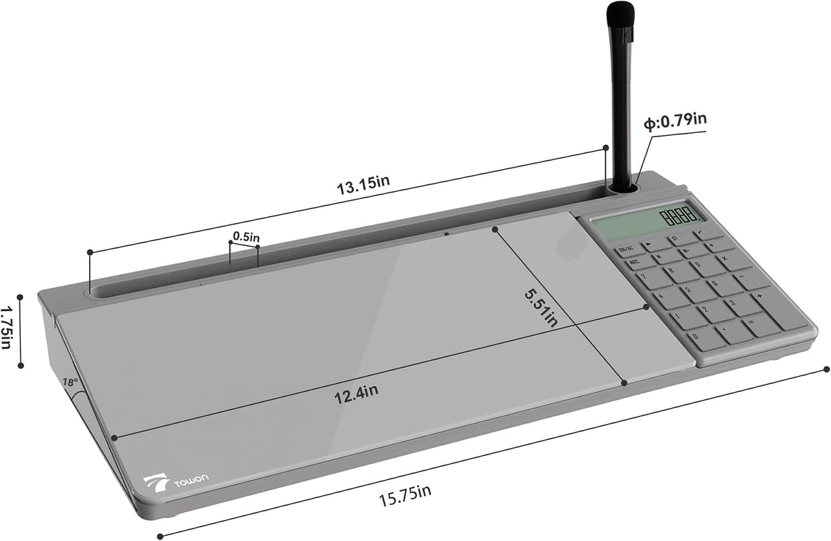 TOWON Glass Desk Whiteboard with Calculator 18x6 in, Desk Organizer, Gray
