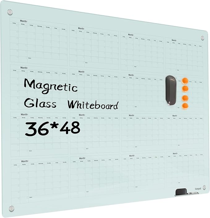 Magnetic Glass Dry Erase Board Calendar- White Board 48 x 36 Inch Wall Mounted by Unknown