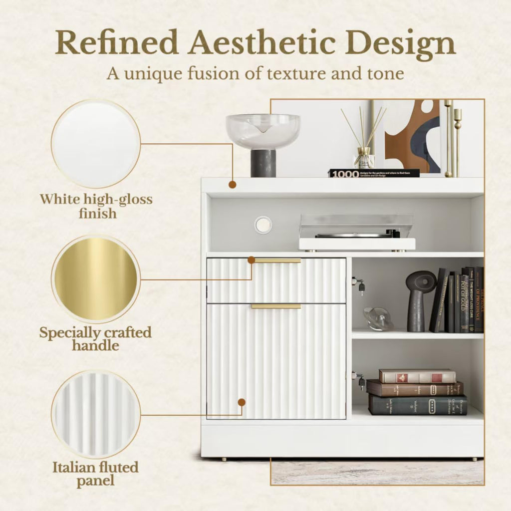 2 Drawer File Cabinet with Lock, Filing Cabinet for Home Office | Wood Fluted Lateral File Cabinet for Letter/A4 Size, Print Stand, AC/USB, Open Storage Shelves, 1.18'' Top, White
