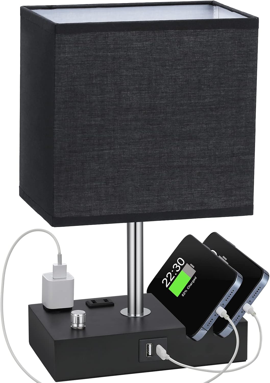 Black Table Lamp for Bedroom - Stepless Dimmable, USB C+A, 2 AC Outlets