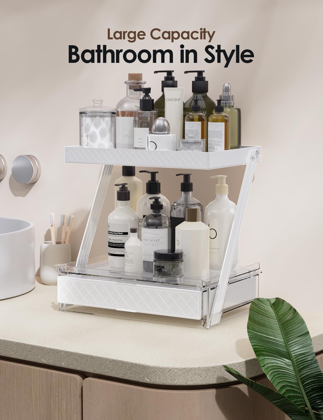 2 Tier Bathroom Countertop Organizer, Z-Shaped Vanity Organizer with Sliding ...