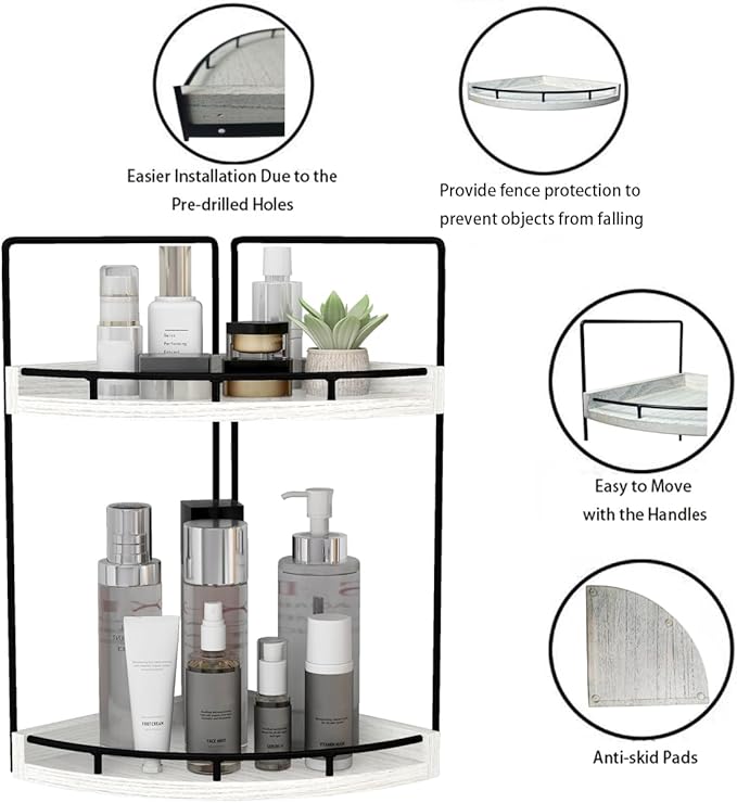 Dorhors 2-Tier Rustic White Corner Bathroom Shelf - Image 4