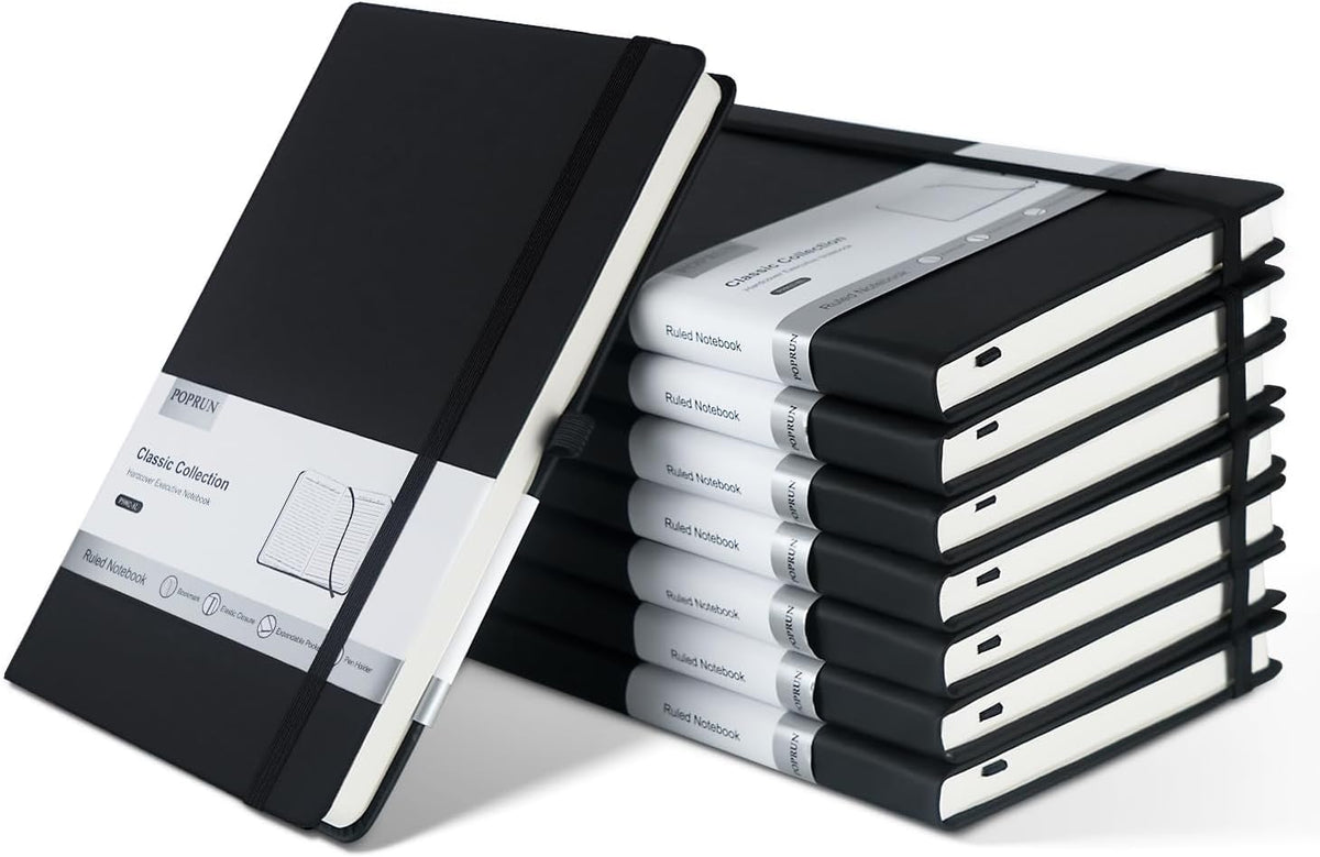 POPRUN 8 Pack Black Lined Journal Notebooks, Waterproof PU Leather Hardcover