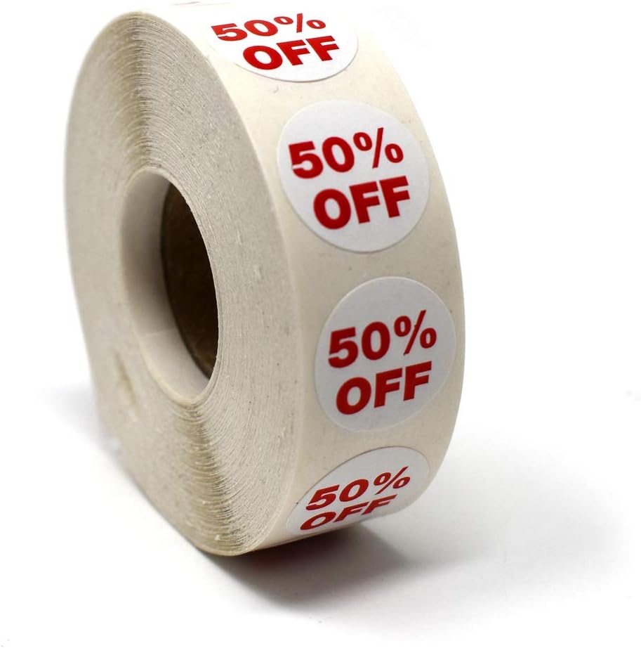 50% Percent Off Mark Down Dot Stickers, 3/4" Round Self Adhesive Retail Circle Labels, 1000 Pack