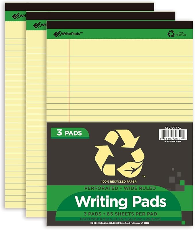 KAISA Yellow Legal Pads Writing Pads Recycled Paper 8.5"x11.75" Wide Ruled by KAISA