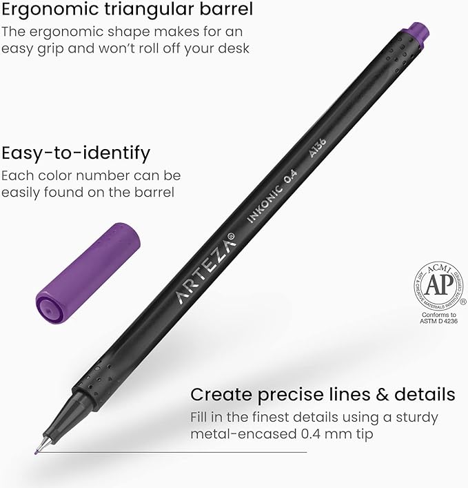 ARTEZA Inkonic Fineliners Pens, 0.4 mm Fine Tip Markers, Water-Based Art Pens - Image 3
