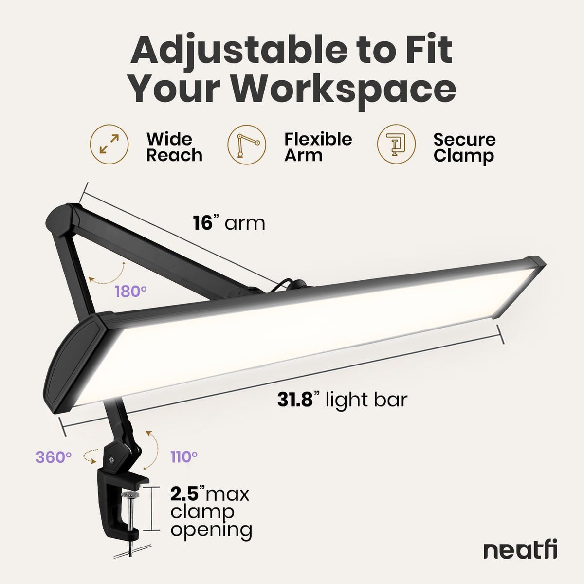 Neatfi Pro 4500 Lumens 50W LED Task Lamp with Clamp, CRI 95, CCT (Black-7)