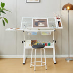 Drafting Table, Height Adjustable Art Tabe with Stool, White | 0-75° Tilting Tempered Glass Tabletop Art Drawing Table with Compartments, Trays, Rack and Drawers for Sketching Painting