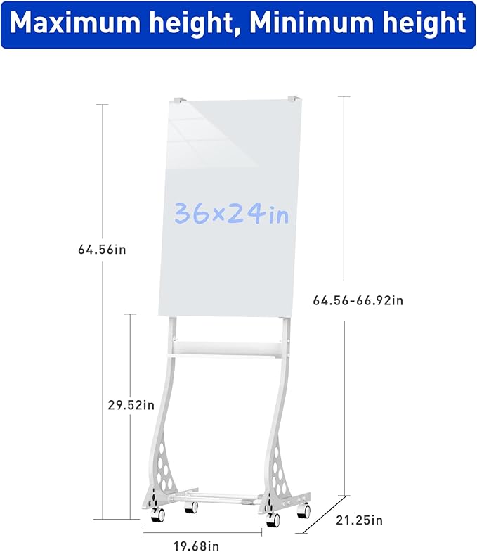 Mobile Glass Whiteboard, 24 x 36 inch Glass Board/w Height Adjustable, Large - Image 3