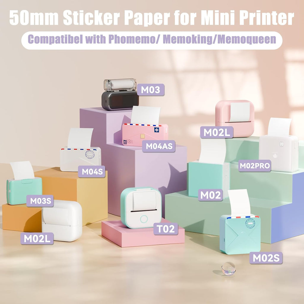 Thermal Sticker Paper Compatible with Phomemo Printer Paper M02/M02 Pro/M02S/P2S/M03/M04S/T02 Mini Sticker Printer- 50mm x 3.5m, 3 Rolls White 2-Year Adhesive Label for Photo,Image,Texts,Notes