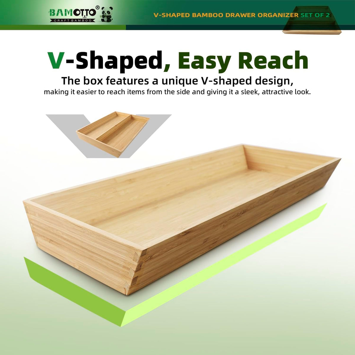 BAMOTTO CRAFTBAMBOO Long V-Shaped Bamboo Drawer Organizer Set of 2