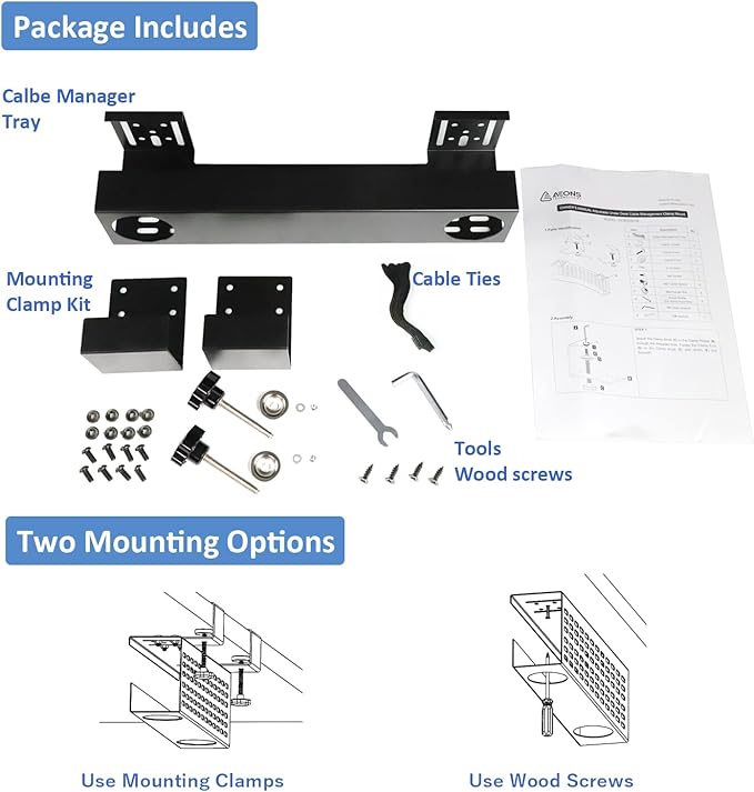 AEONS Under Desk Cable Management Tray Wire Cord Organizer Removable C Clamp - Image 3