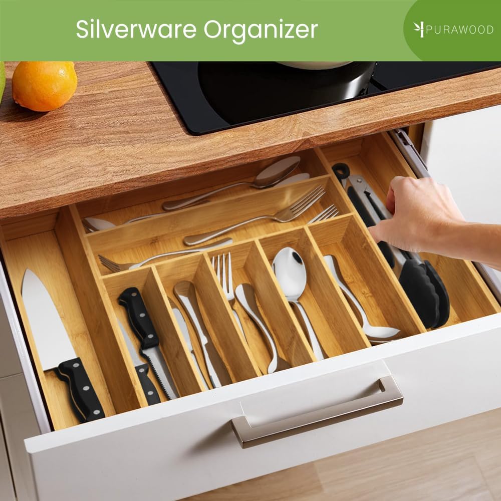 Purawood Expandable Bamboo Drawer Organizer 7-9 Slots, 2 Pack, Natural