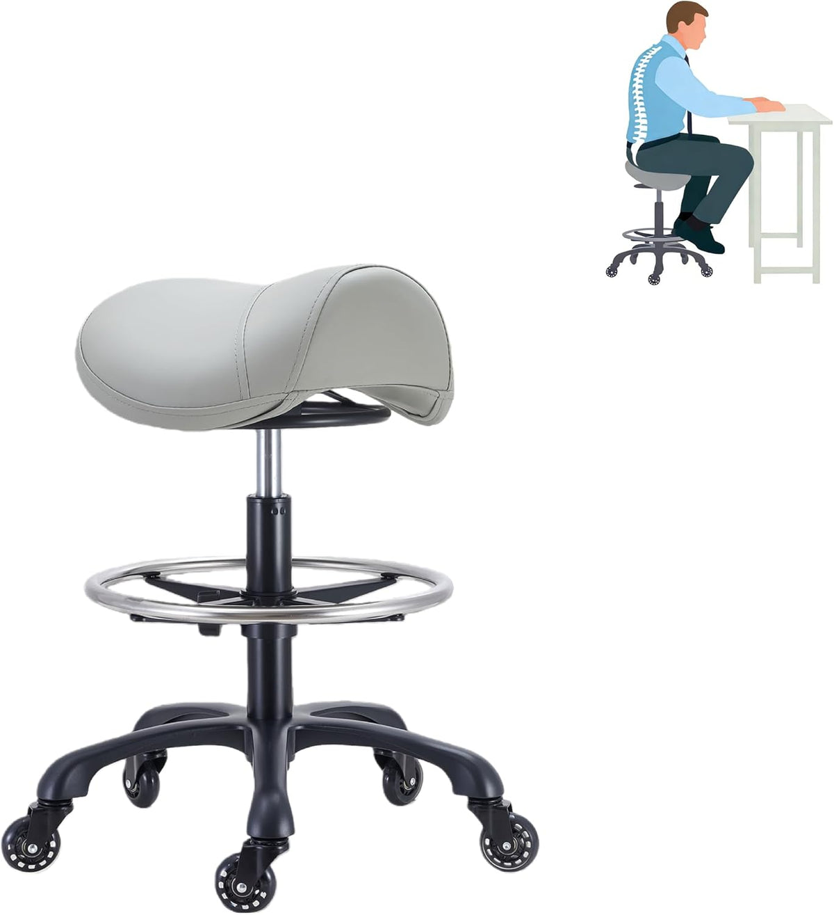 Saddle Salon Stool with Footrest,Heavy Duty, Adjustable Height((22.5" -3...