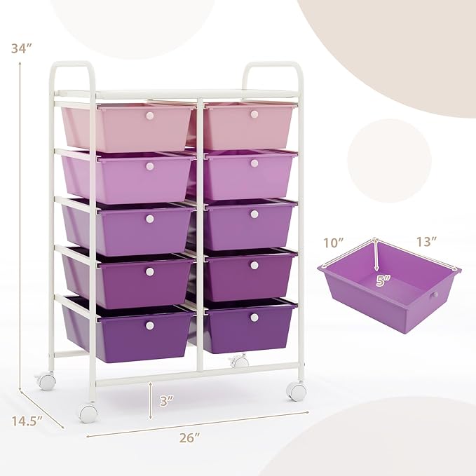 LDAILY 10 Drawer Rolling Cart, Storage Cart Organizer on Wheels, Drawer Cart - Image 3