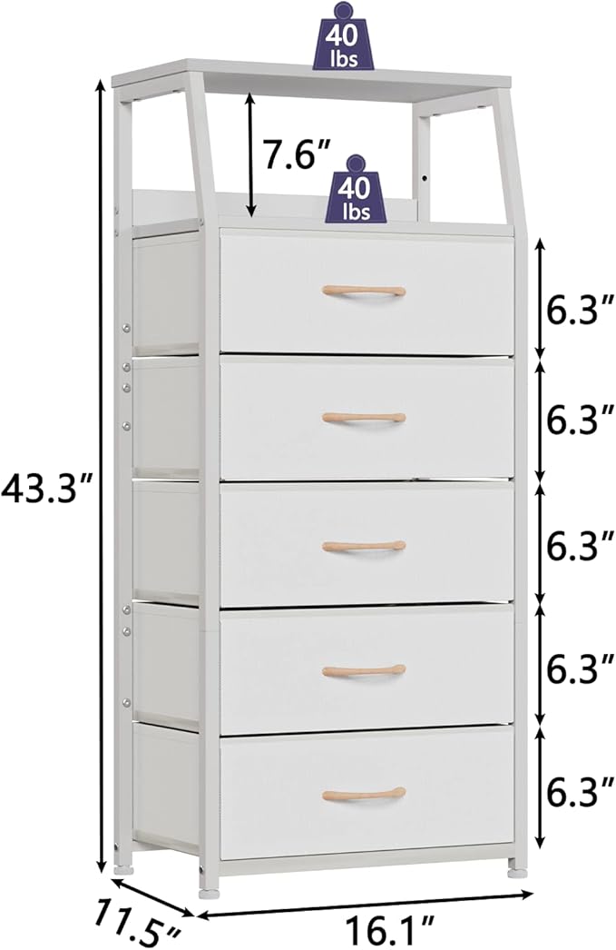 Furnulem White Dresser with 5 Drawers, Vertical Storage Tower Fabric Dresser - Image 3