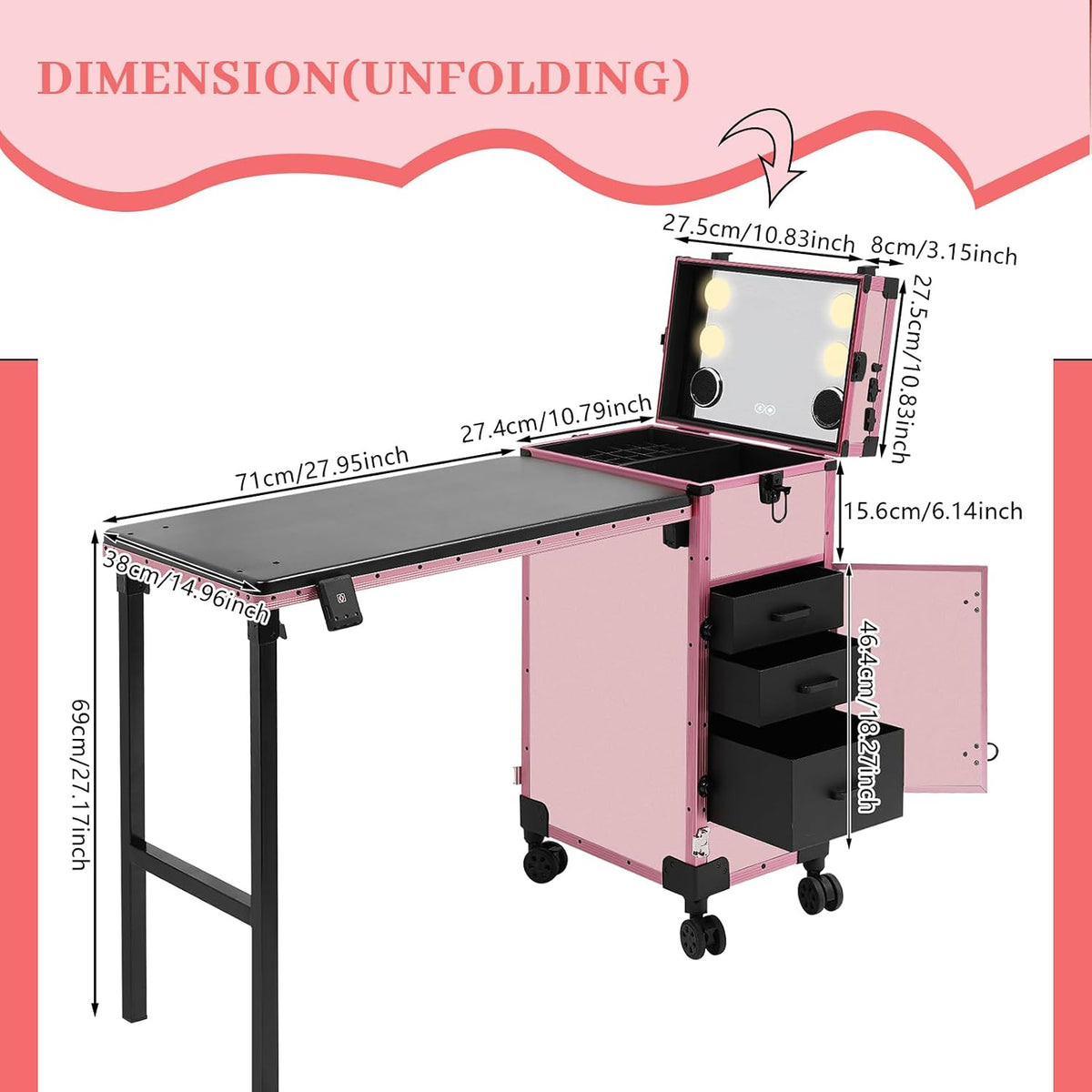 Rolling Makeup Train Case with 4 Drawers&Mirror, Foldable Makeup Nail Des...