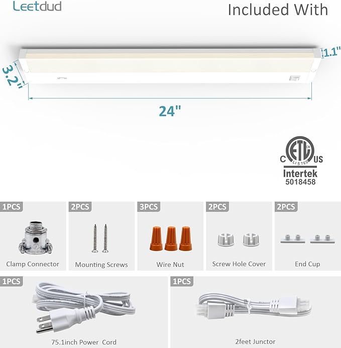 Leetdud LED Under Cabinet Lighting Hardwired or Plug in, 24 Inch 12W, Dimmable - Image 9