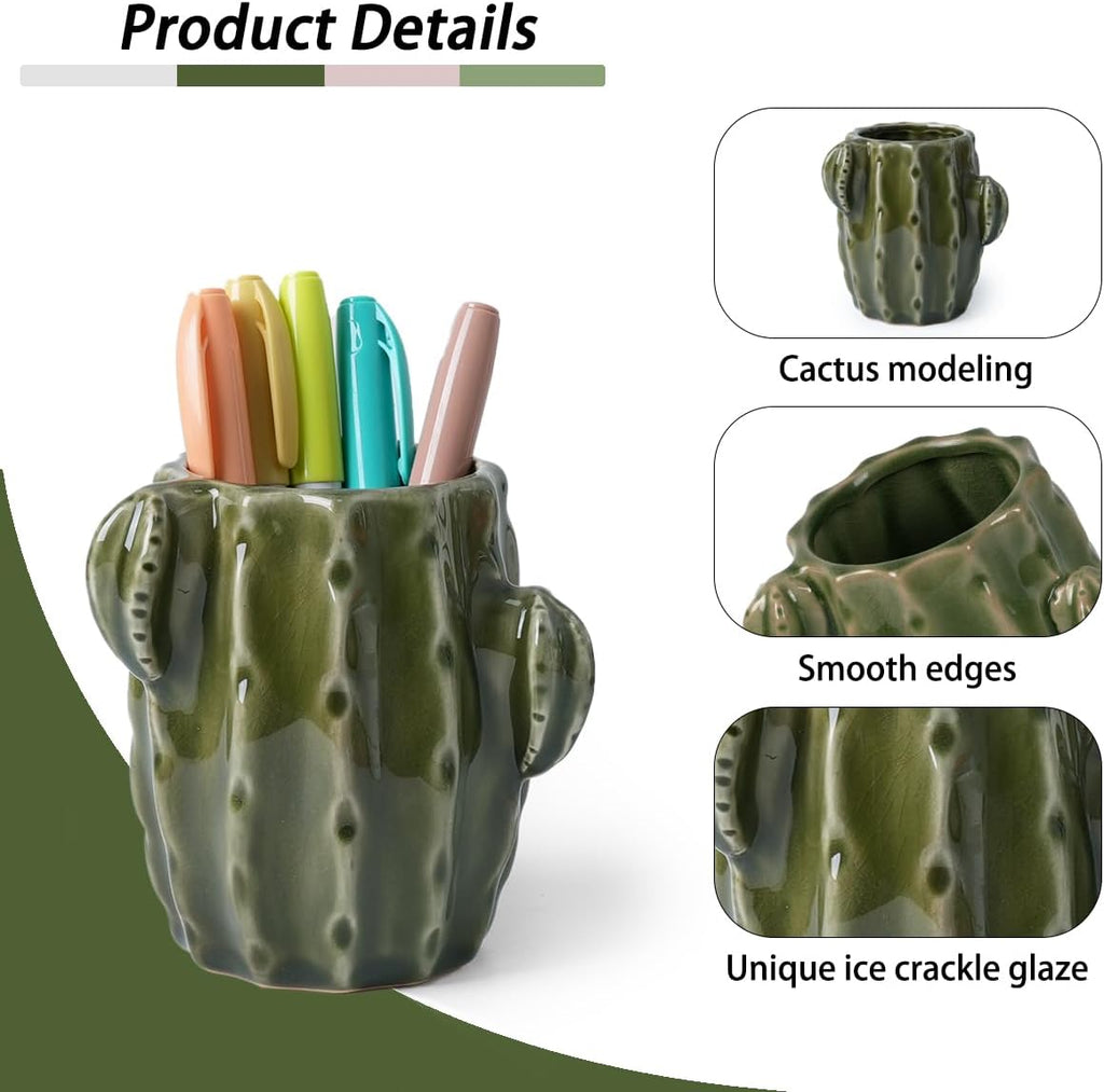 Cactus Ceramic Pencil Holder for Desk, Cute Western Office Decor | Stable Organizer for Pen, Makeup Brush & Toothbrush, Lovely Decor for Bathroom, School or Home Desk, Ideal Gift Choice