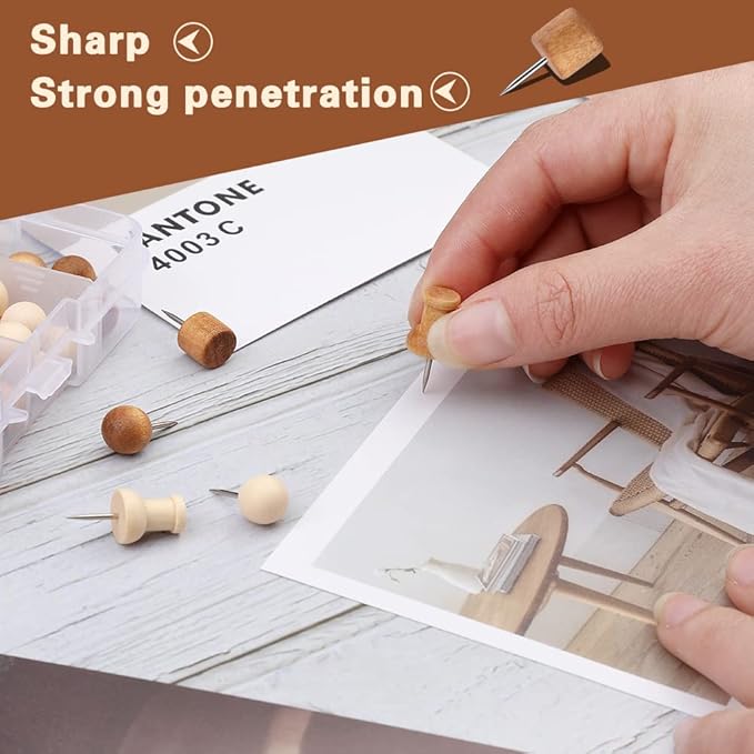 60 Pcs Wood Push Pins, 2 Colors and 5 Types Decorative Thumb Tacks Wooden Head - Image 5