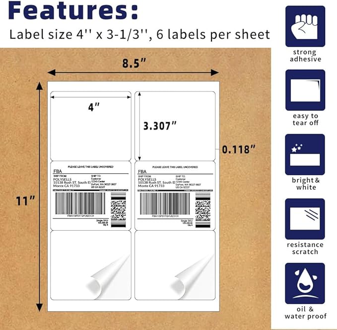 POLYSELLS Self Adhesive 3-1/3'' x 4'' Address Shipping Labels, 6UP White - Image 2