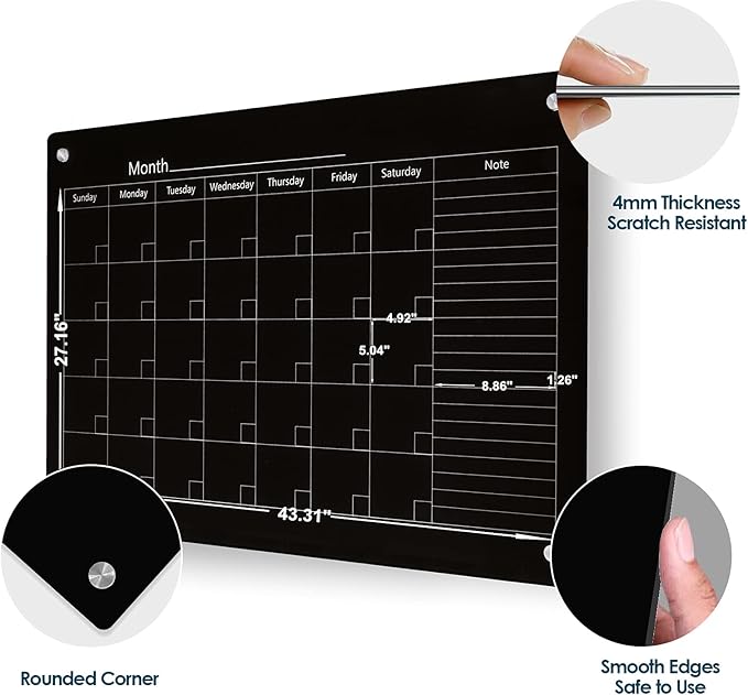 J&J worldwide Magnetic Whiteboard Calendar, 47 x 35 Black Glass Wall Calendar - Image 2
