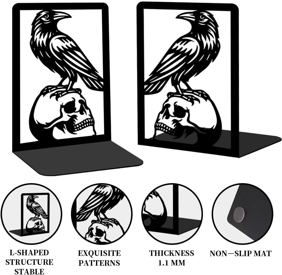 Raven and Skull Decor Gothic Metal Bookends for Shelves, Office Desk Organizer Book Ends for Heavy Books, Home Office Desk Bookshelf Decor Gift for Gothic Lovers and Reading Enthusiasts