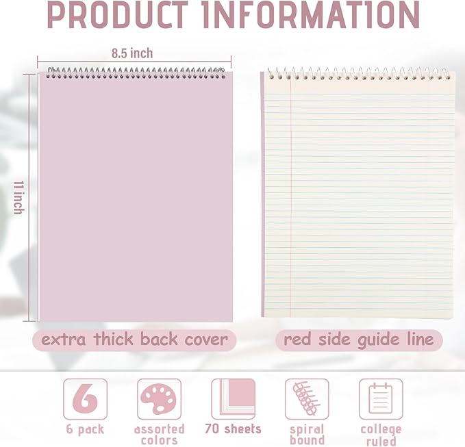Maitys 6 Pcs Legal Pad Steno Spiral Notebook 8.5" x 11" Top Bound Spiral Pads - Image 2