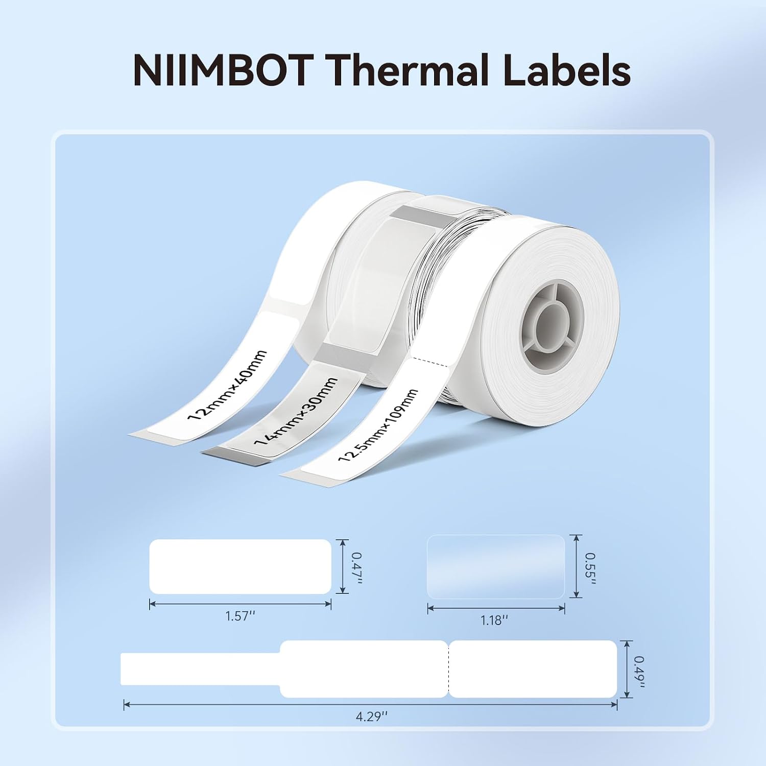 NIIMBOT Label Maker Tape for D110/D11/D101 Label Printer, Multi-Size | 3Rolls Pack | 0.47'' x 1.57''White, 0.55'' x 1.18''Transparent, 0.49'' x 4.29''White Cable, for Home Office School Labeling