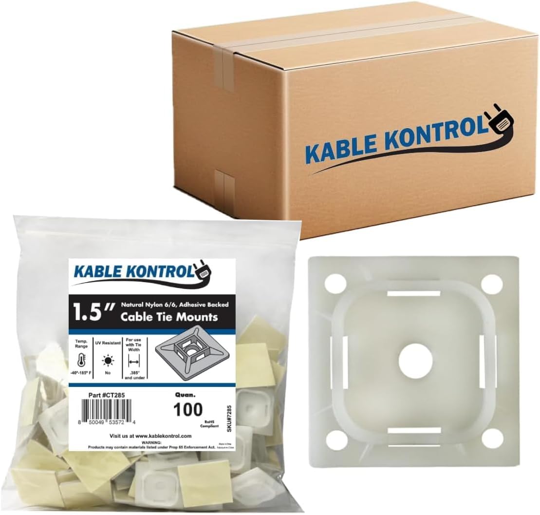 Kable Kontrol Zip Tie Mounts, 1-1/2” Natural White 2500 Pcs Adhesive Backed