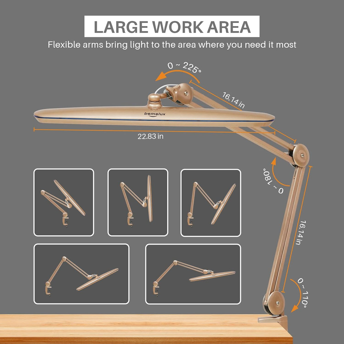 23-Inch LED Task Lamp with Clamp, 24W 2200LM, Gold