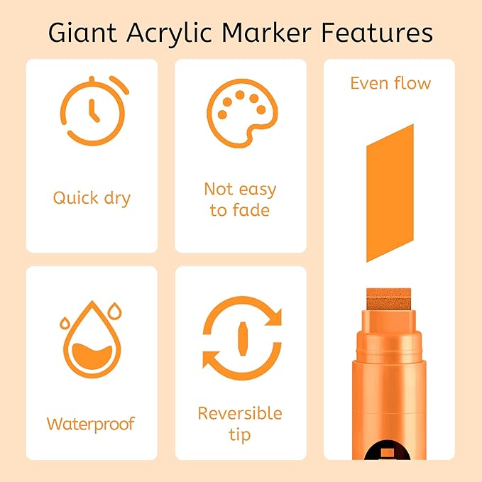 BIGTHUMB 3 Pcs Orange Jumbo Permanent Markers: 15mm Wide Tip Thick Acrylic - Image 3