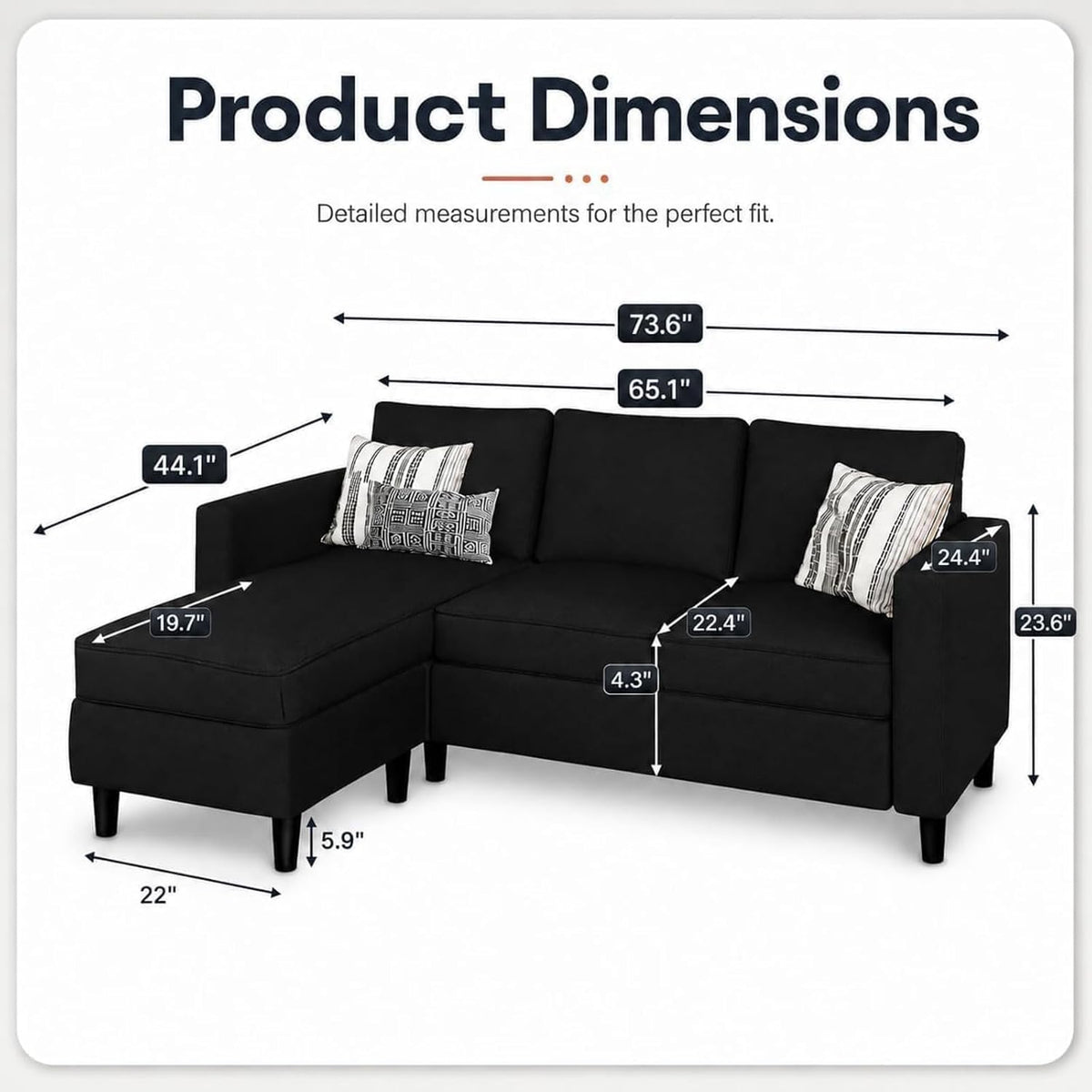 Nuturelly 73.6" L-Shaped Small Sectional Couch with Ottoman, Black