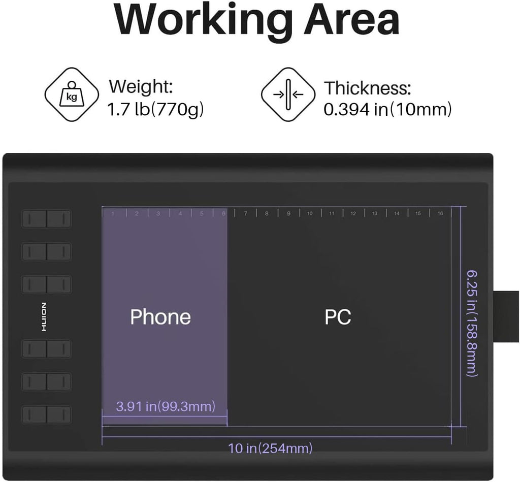 huion inspiroy h1060p graphics drawing tablet, 10 x showing dimensions