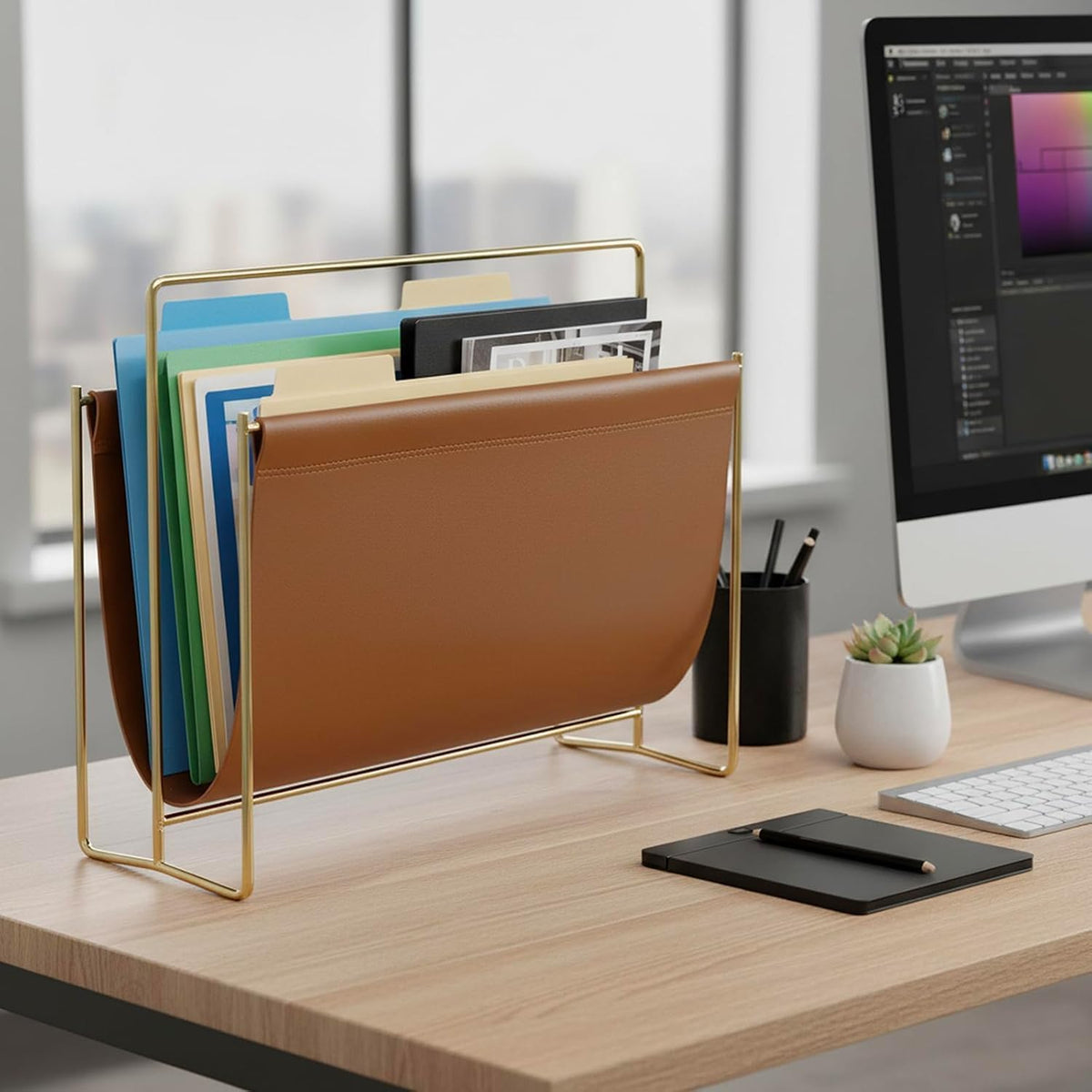 MyGift Caramel Leatherette Magazine Holder with Brass Metal Frame, 15 Inch