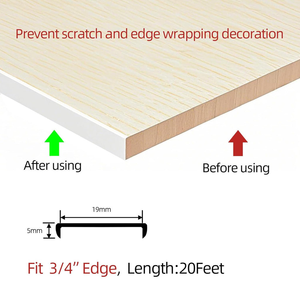 U-Shape Plywood Edge Banding - 3/4" Edge Protector, Self-Adhesive Trim for Veneer, Furniture, Countertop, Table, Sheet Metal - White, 20Ft