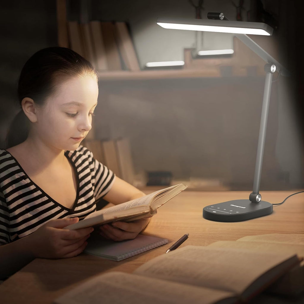 honeywell hwt-h4 led desk lamp, eye-caring, dimmable, auto on a desk or shelf