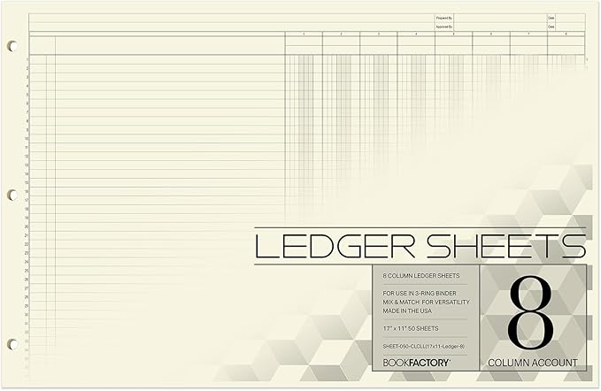 BookFactory Ledger Sheets/Large 8 Column Accounting Ledger Columnar Loose Leaf by BookFactory