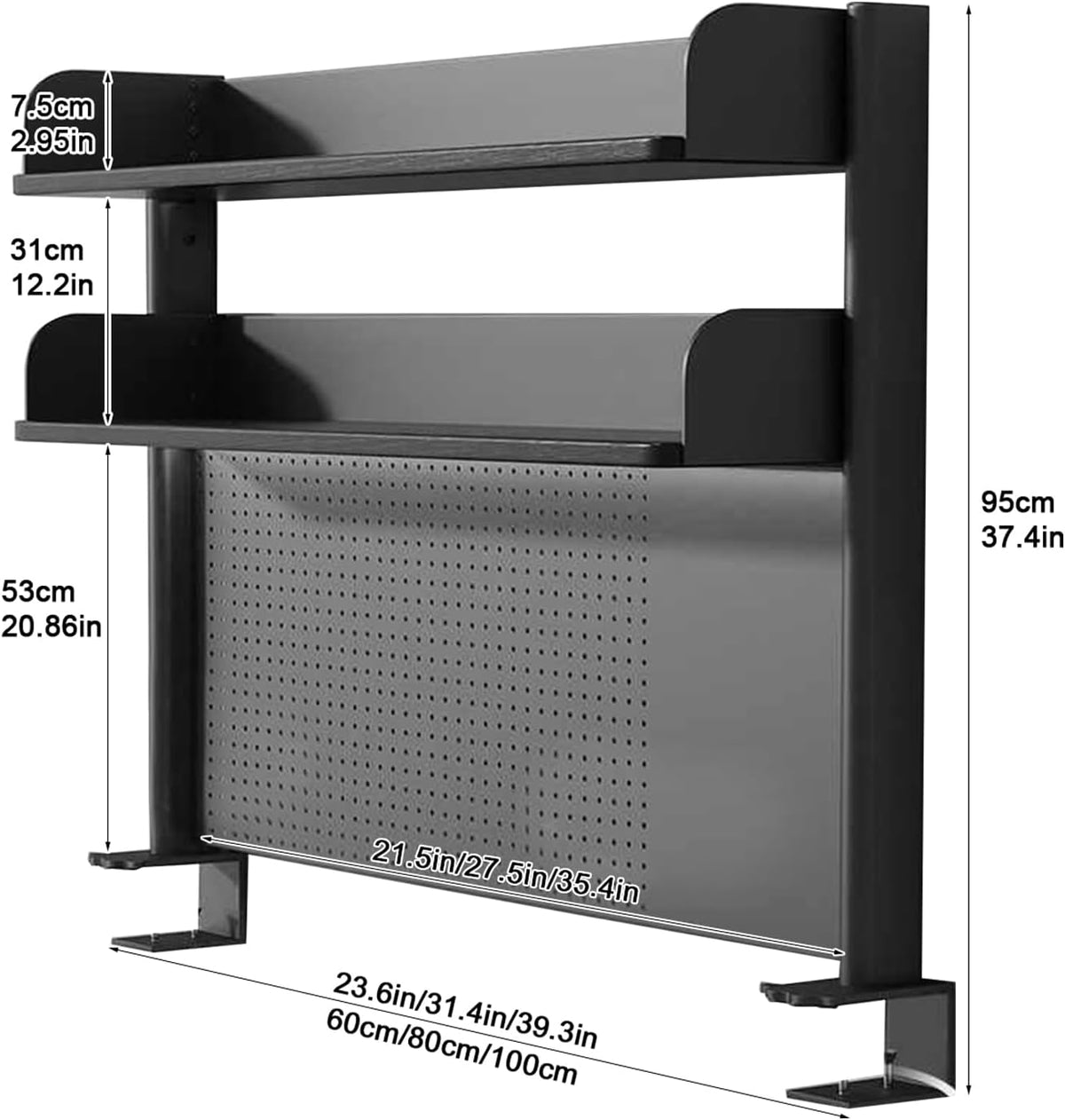 31.4in Clamp on Desk Shelf with Pegboard, Black Desktop Bookshelf Organizer