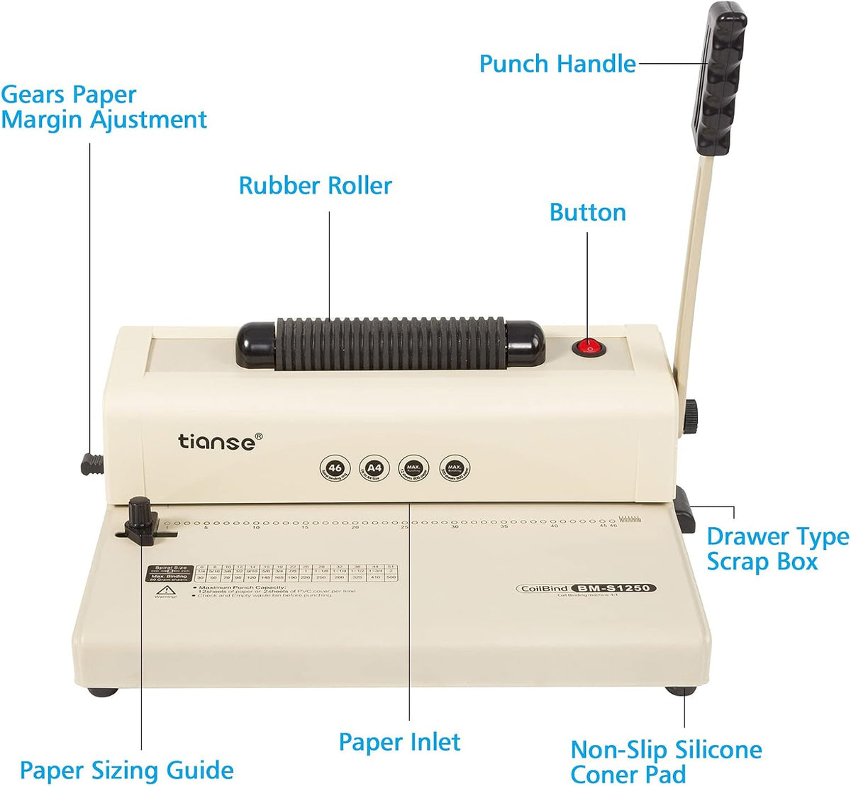 tianse binding machine - electric coil inserter for, front angle view