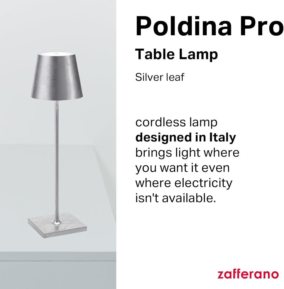 Zafferano, Poldina Pro Lamp with Silver Leaf, Rechargeable Cordless Table Lam...