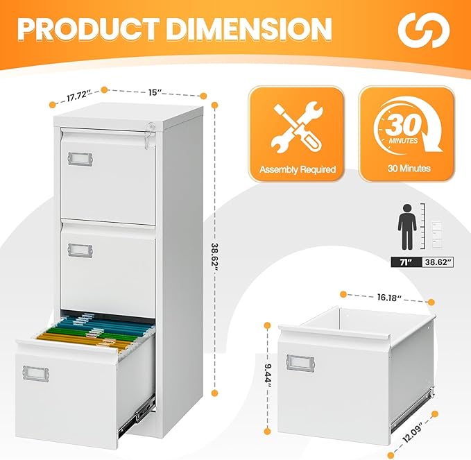 AFAIF 3 Drawer File Cabinet - Image 3