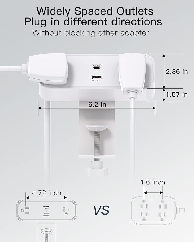 Desk Clamp Power Strip, 65W 10ft Extension Cord- 2 Outlets Desktop Power Strip - Image 6