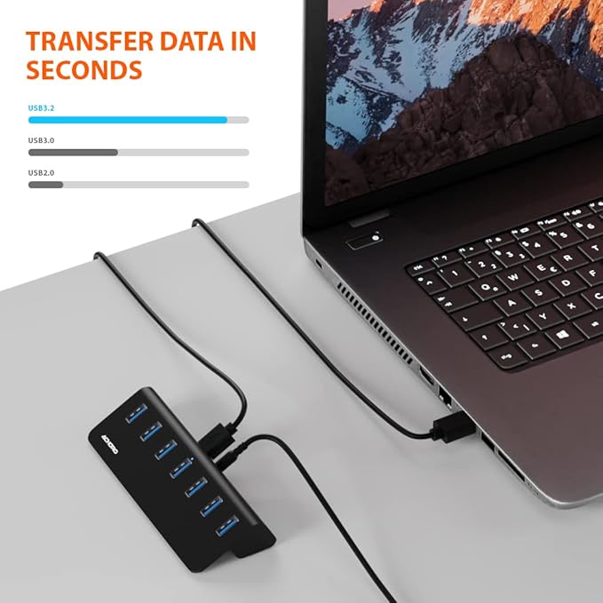 Achoro 7 Ports Powered USB HUB – 2nd Generation 10GB Super Speed External USB - Image 3