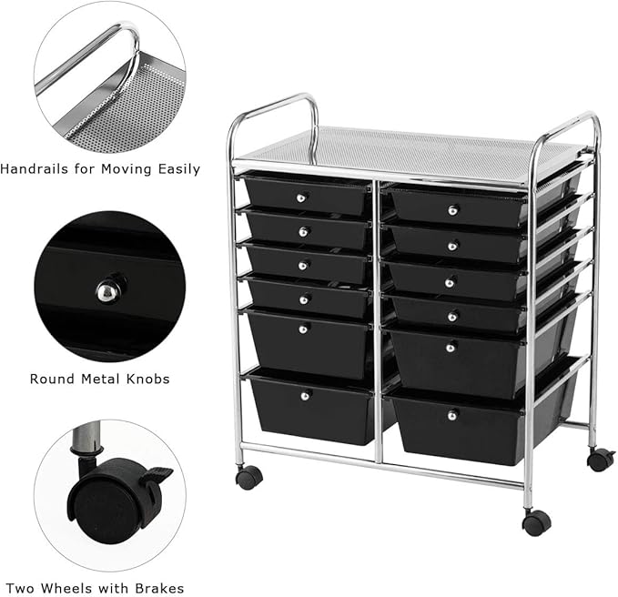 LDAILY 12 Drawer Rolling Storage Cart, Craft Cart Organizer on Wheels w/Metal - Image 6