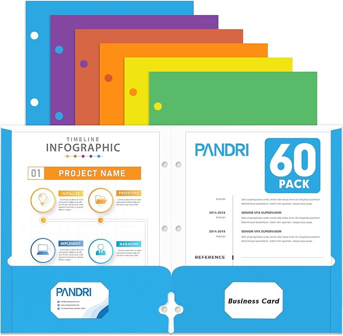 Two Pocket Portfolio Folders, PANDRI 60 Pack 3 Hole Punched 2 Pocket Folders by PANDRI