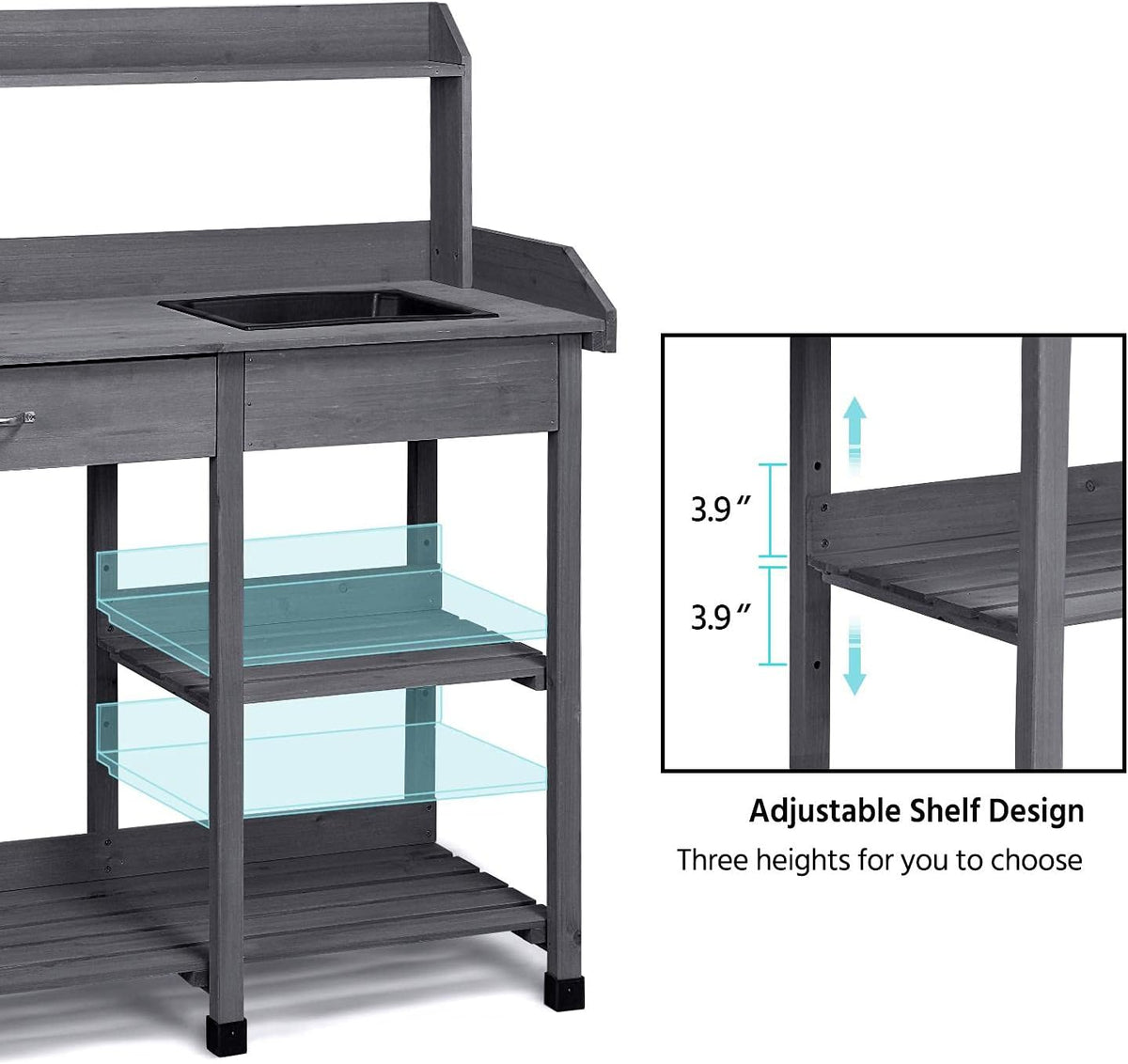 Yaheetech Potting Bench with Sink & Drawer, Outdoor Gardening Table, Gray