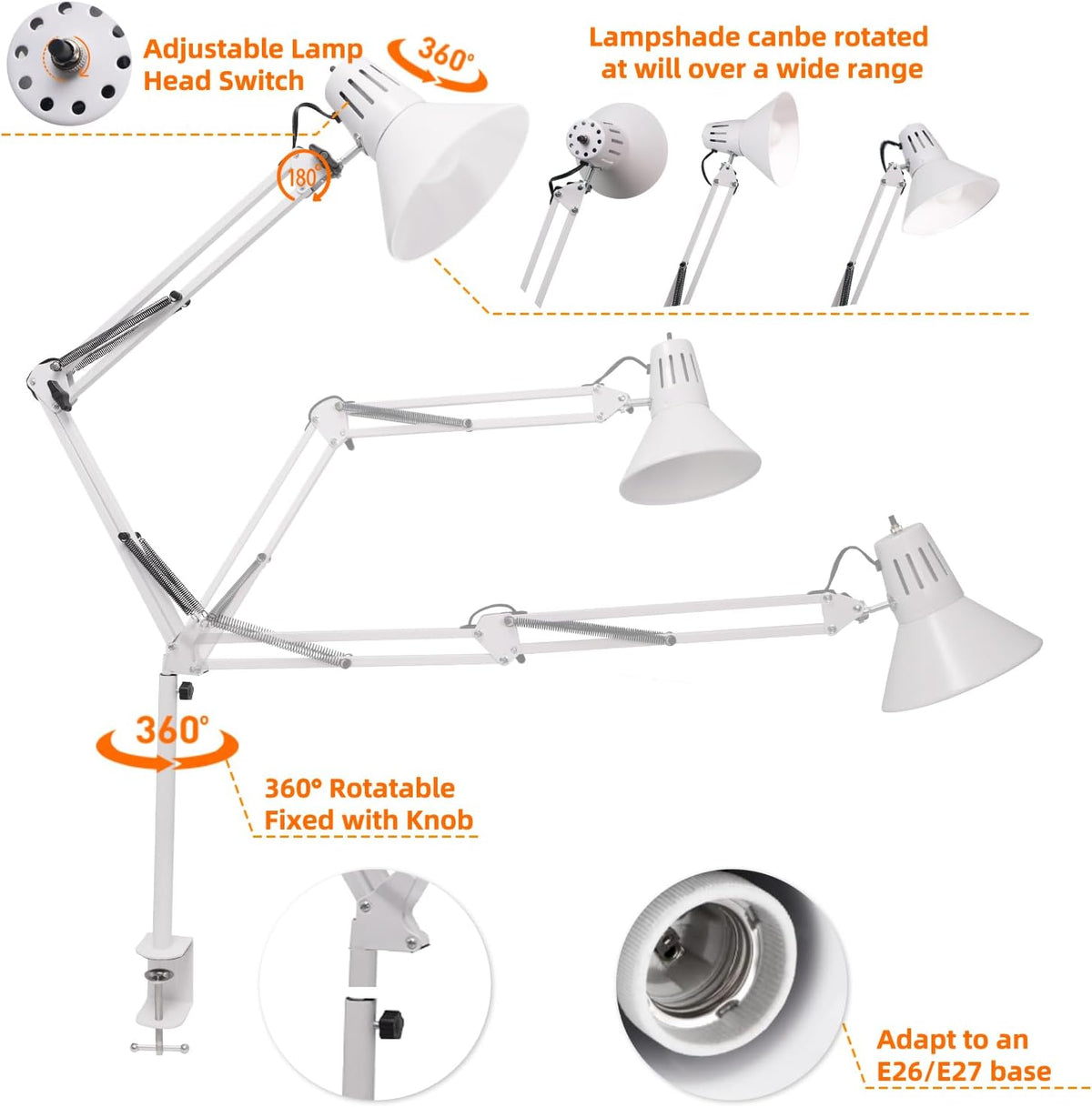 White Desk Lamp with Clamp, Extra-Tall Adjustable Metal Swing Arm, 5000K